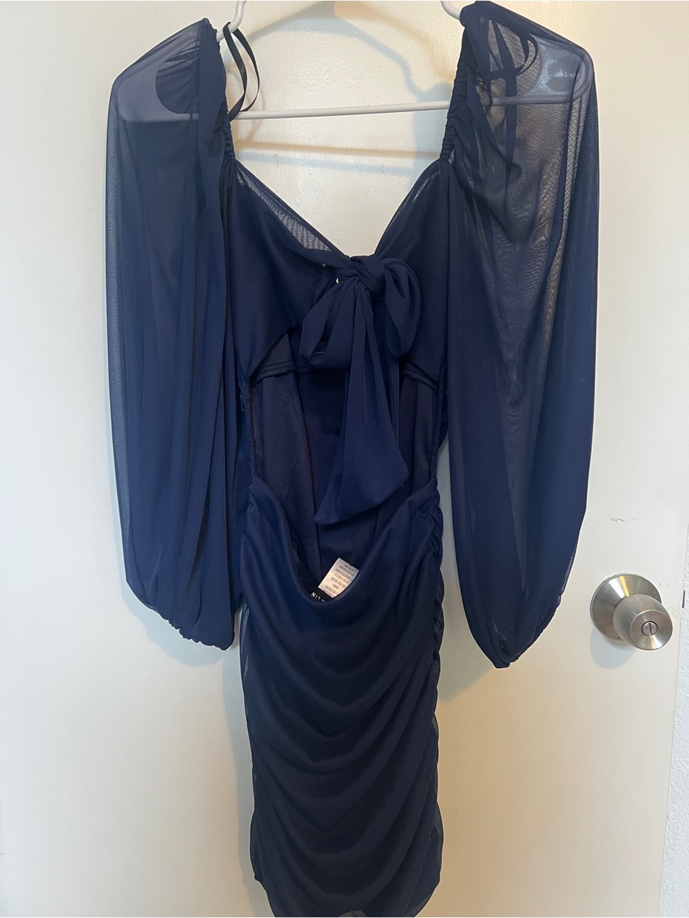 B Darlin Navy Long-Sleeve Sheer Bishop Sleeve Tie-Back Mini Dress